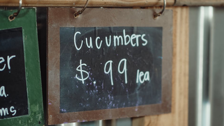 Close-up of a black chalkboard sign with a wooden frame, displaying handwritten white text that reads 'Cucumbers $0.99 each' in a casual, slightly slanted script. The sign is attached to a wooden stru
